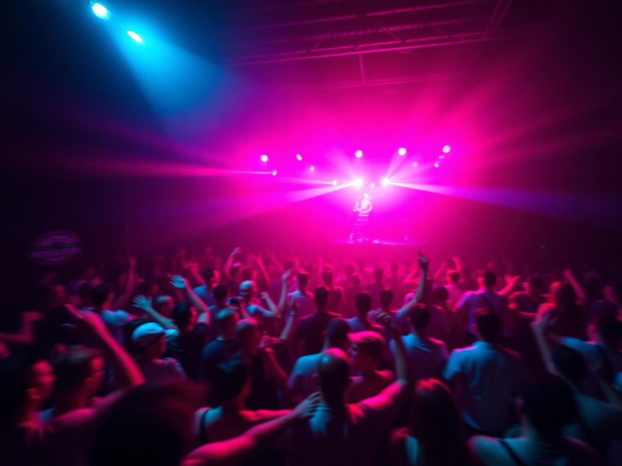 Crowd dancing under magenta lights